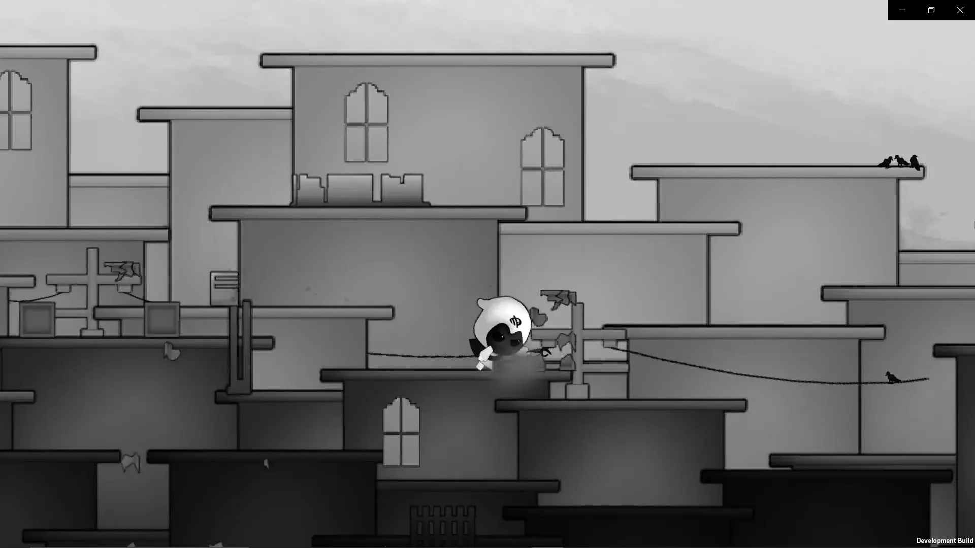 Platformer gameplay featuring a small sorcerer in a layered monochrome environment.