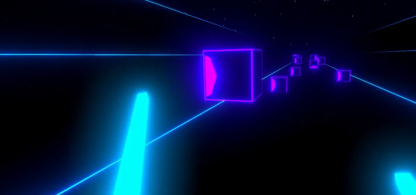 VR Rhythm Prototype gameplay with glowing sabers and directional targets.