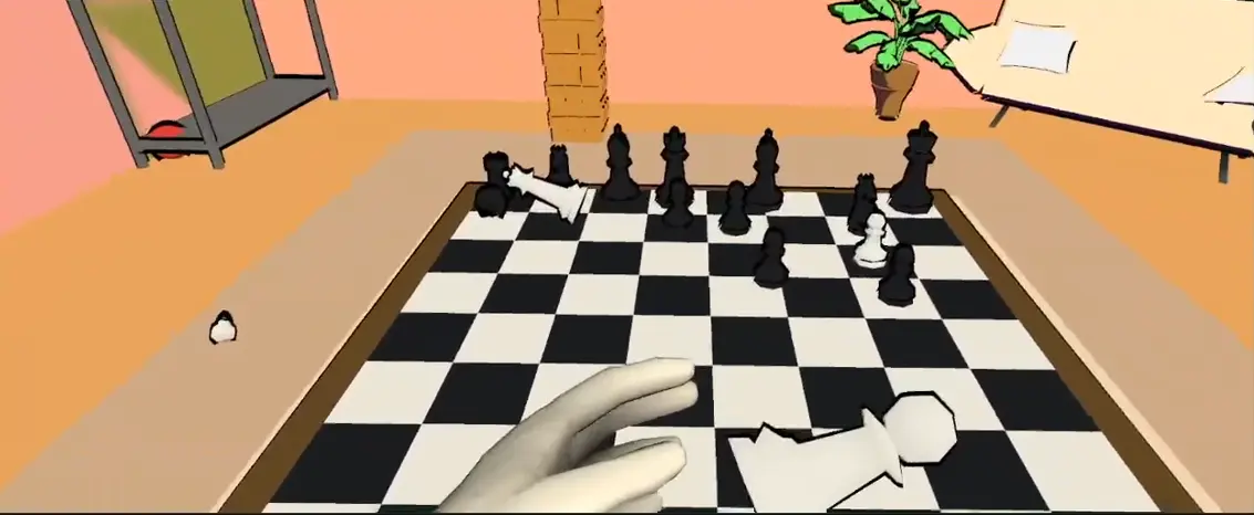 VR Chess gameplay from the player's perspective at a virtual chessboard.