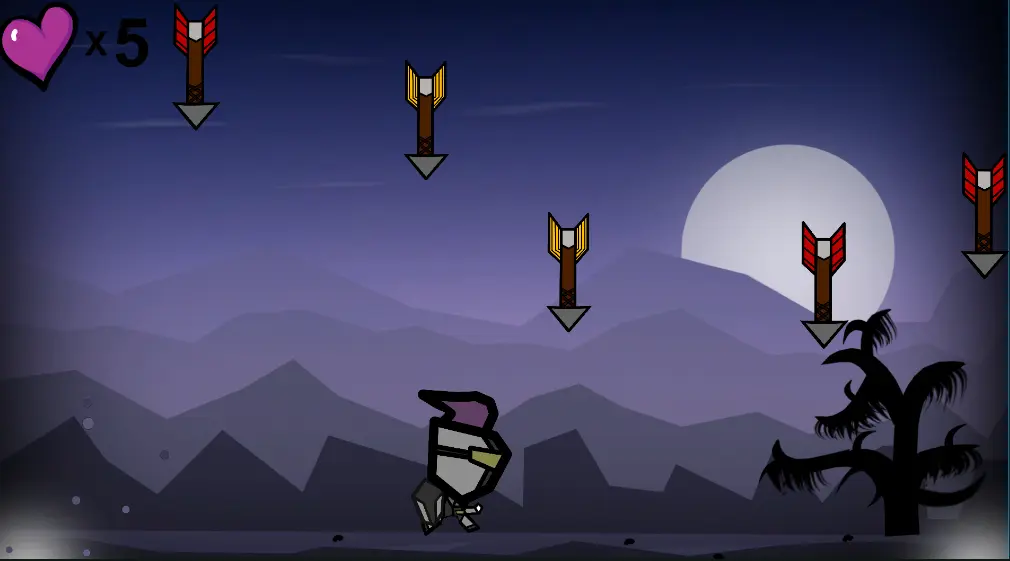 Descending Darts gameplay with a knight running beneath several falling arrows.