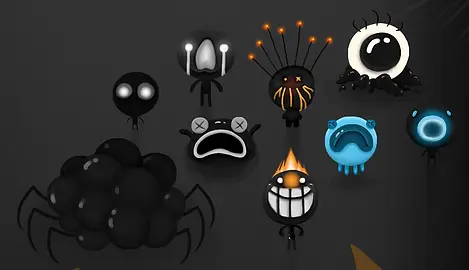 Early visual references for Light in the Dark alongside their enemy designs.