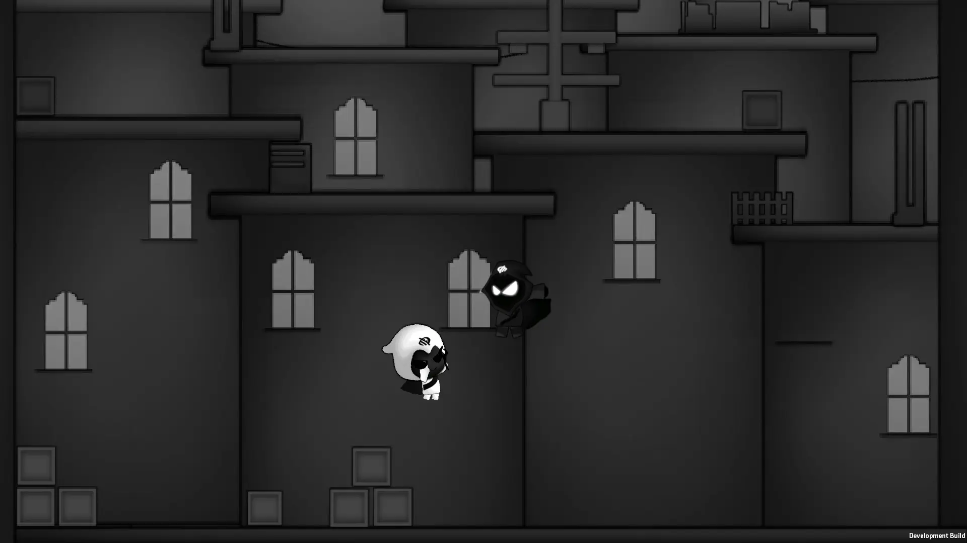 The sorcerer encountering a dark enemy in an interior platforming area.
