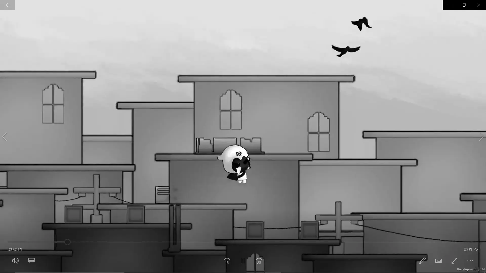 The sorcerer jumping between platforms while enemies move overhead.