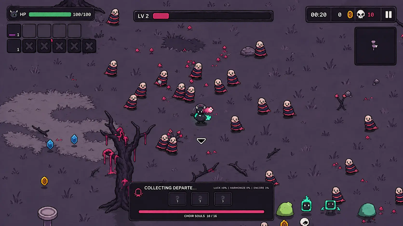 ReapKeep gameplay showing a crowded encounter in Deadroot Hollows, with the player’s weapons and HUD.