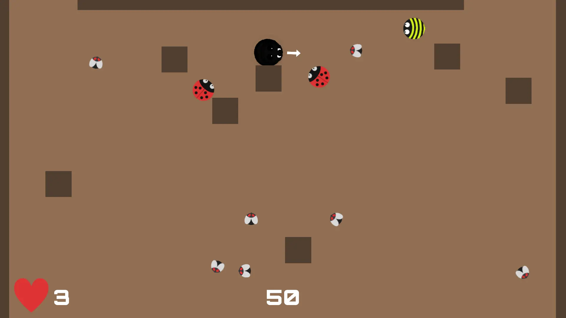 Swingy Spider gameplay showing the player moving through flies, blocks, and enemy bugs.