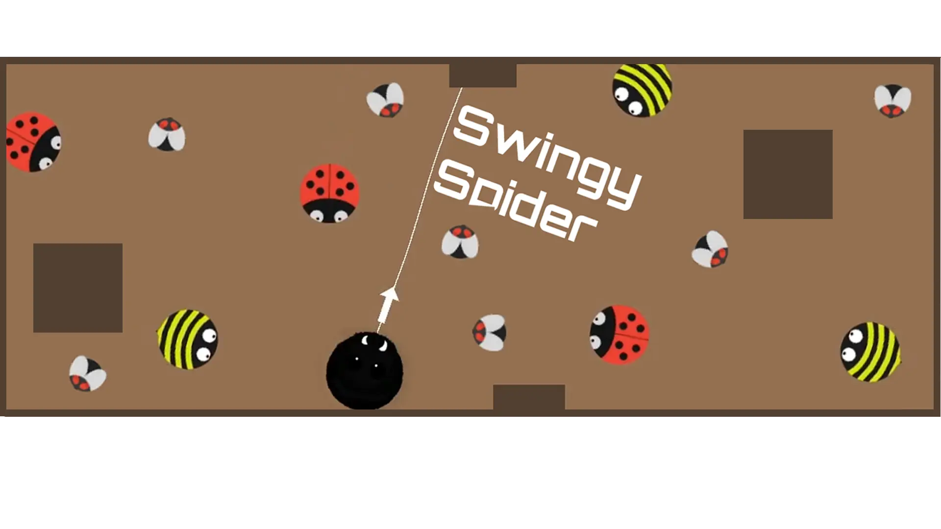 Swingy Spider title screen showing the spider suspended from a web among flies and enemy bugs.