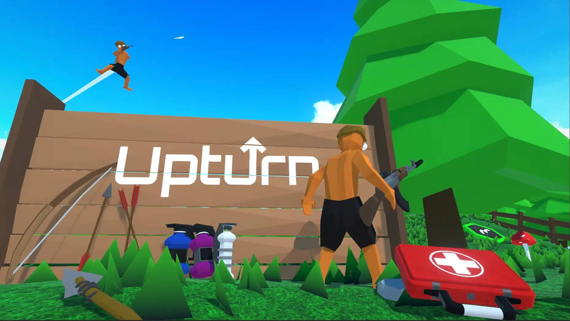 Upturn artwork showing its low-poly arena, characters, and weapon selection.