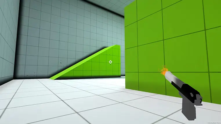 An early pistol and hit-feedback test in a graybox arena.