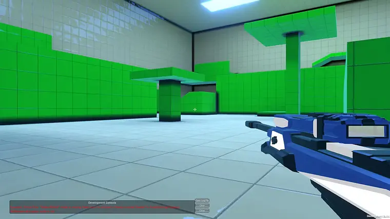 A sniper rifle being tested against long sightlines in a graybox arena.