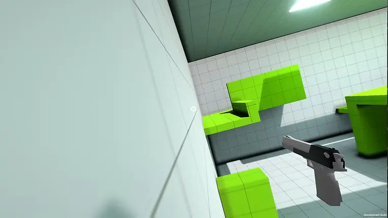 A tilted first-person view used to test Upturn's wall-running movement.